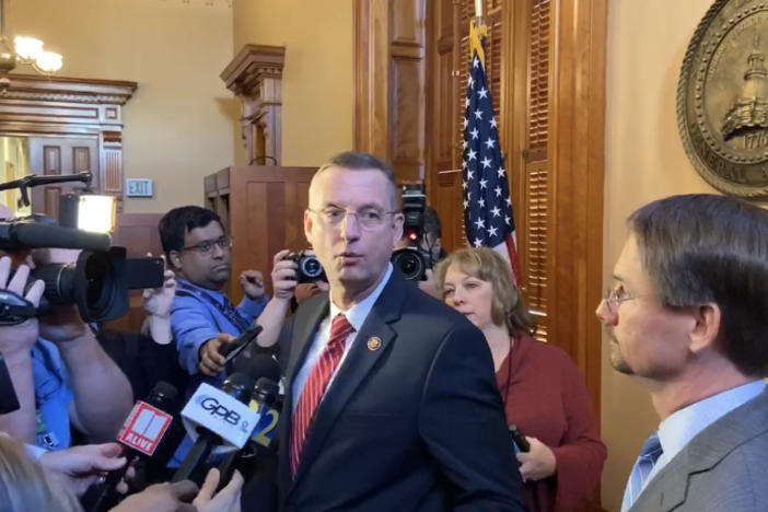 Rep. Doug Collins (R-Gainesville) speaks to reporters outside the Georgia State House Tuesday, Jan. 28, 2020