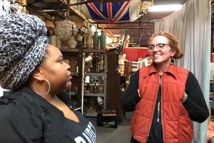 Kalena Boller meets with Samita Wolfe at Film Biz Recycling in Savannah, Georgia.