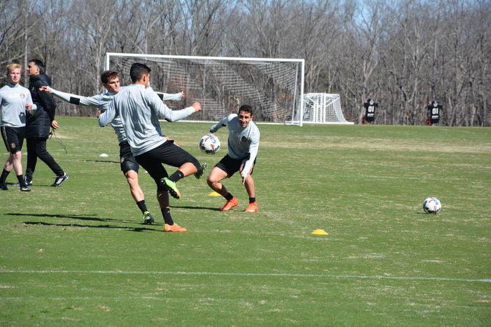 Members of Atlanta United FC practice at the Falcons training facility in Flowery Branch.