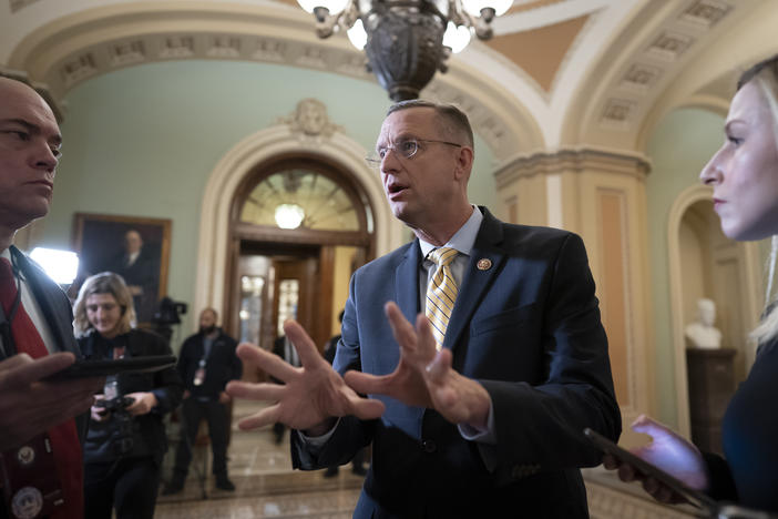 Rep. Doug Collins, the ranking member of the House Judiciary Committee, speaks to reporters outside the Senate as defense arguments by the Republicans resume in the impeachment trial of President Donald Trump in Washington on Monday, Jan. 27, 2020.