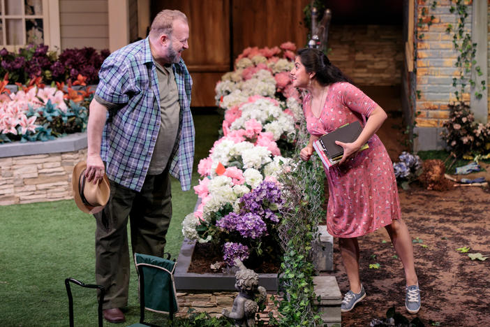 Bart Hansard (Frank Butley) and Fedra Ramirez-Olivares (Tania del Valle) in Native Gardens at Aurora Theatre in Lawrenceville