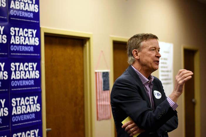 Colorado Governor John Hickenlooper speaks to a group of volunteers at the DeKalb County, Ga. Democratic Party of Georgia Coordinated Campaign office.