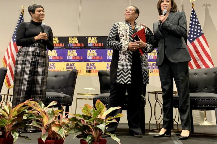 Tiffany Cross, U.S. Rep. Marcia Fudge (D-OH) and Democratic presidential candidate Kamala Harris greet the crowd at a breakfast in Atlanta.