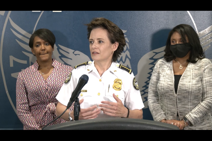 Atlanta police chief Erika Shields answers questions about out-of-state protestors being involved in the city's protests during a press conference on May 31. 