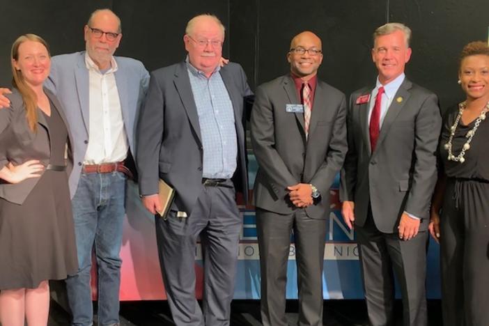 Political Rewind in Augusta, August 12, 2019. (L to R): Mary-Kate Lizotte, Bill Nigut, Jim Galloway, State Sen. Harold Jones, State Rep. Mark Newton, Monique Williams. 