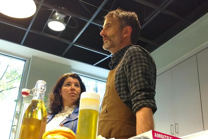 Host Celeste Headlee talks with Atlanta chef Steven Satterfield as he prepares to make some dishes using peanut oil.