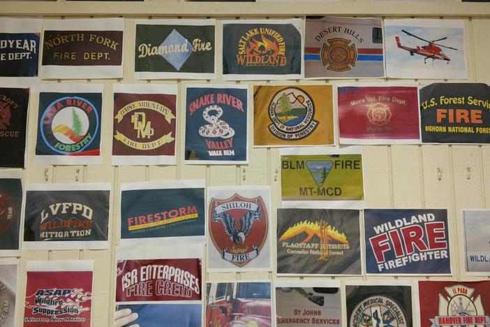 A wall at the Ramah Darom camp features some of the firefighting companies from across the country that shoowed up to help contain the wildfires in North Georgia.