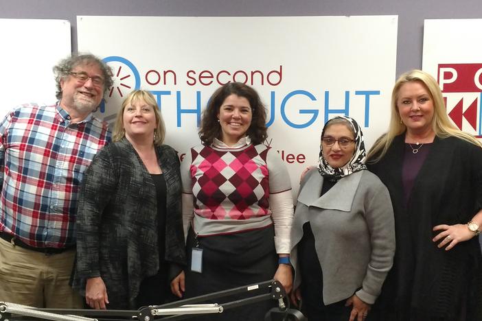 The Breakroom this week included (l to r): environmental blogger Ken Edelstein, former NPR correspondent Kathy Lohr, host Celeste Headlee, Soumaya Khalifa of the Islamic Speakers Bureau of Atlanta, and Republican strategist Julianne Thompson.