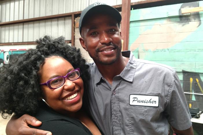 Taraja Ramsess with host Kalena Boller at his workshop in Atlanta.