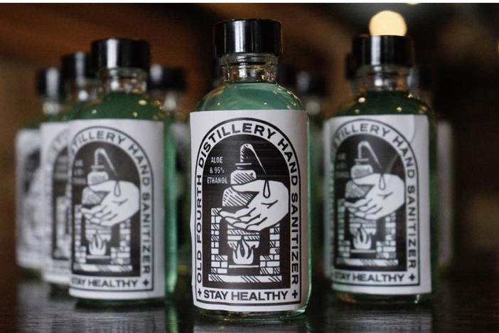 Bottles of hand sanitizer produced by Old Fourth Distillrey in Atlanta.