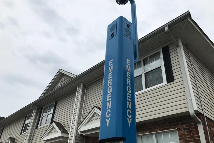 A security camera and emergency call station at a student housing complex on Savannah State's campus, the scene of a fatal shooting in February.