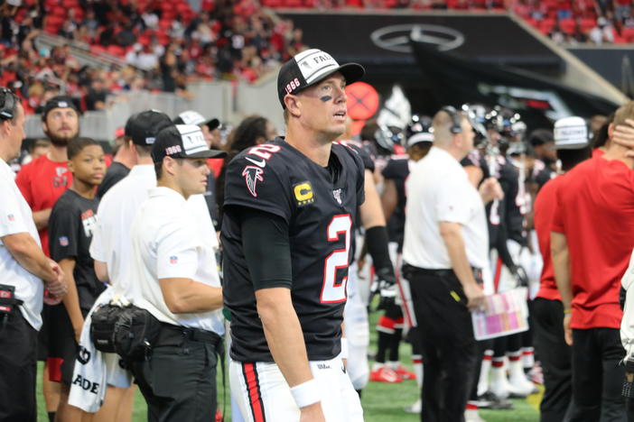 Atlanta Falcons quarterback Matt Ryan looks on from the sidelines during an NFL football game against the Tennessee Titans, Sunday, Sept. 29, 2019, in Atlanta. The Tennessee Titans won 24-10. 