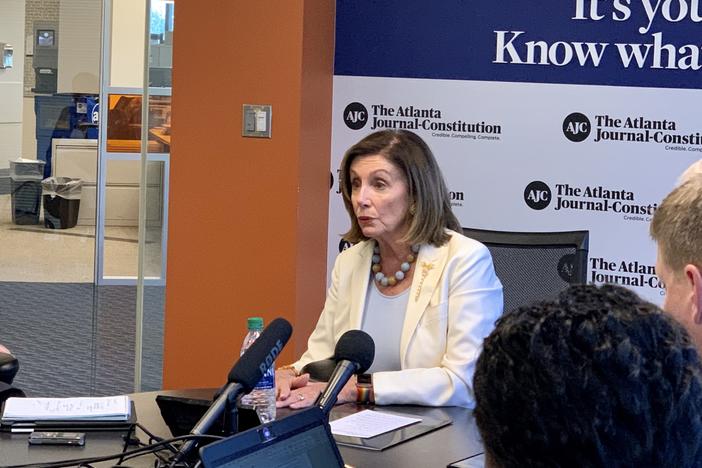 House Speaker Nancy Pelosi speaking with reporters in Atlanta on Friday, Oct. 5.