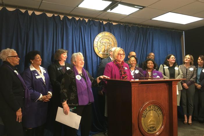 Senator Renee Unterman (R-Buford) speaks at the podium in the senate press office during a press conference on the Equal Rights Amendment.