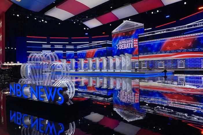 The debate stage for the Democratic presidential primary debate at Tyler Perry Studios in Atlanta, Georgia.