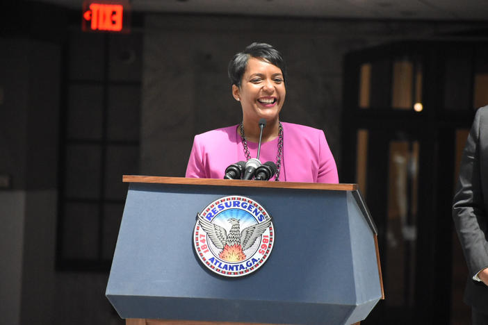 Atlanta Mayor Keisha Lance Bottoms speaks to city employees at City Hall, April 10, 2018.