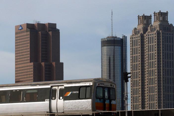 A MARTA rapid transit train traveling through Atlanta, Georgia.