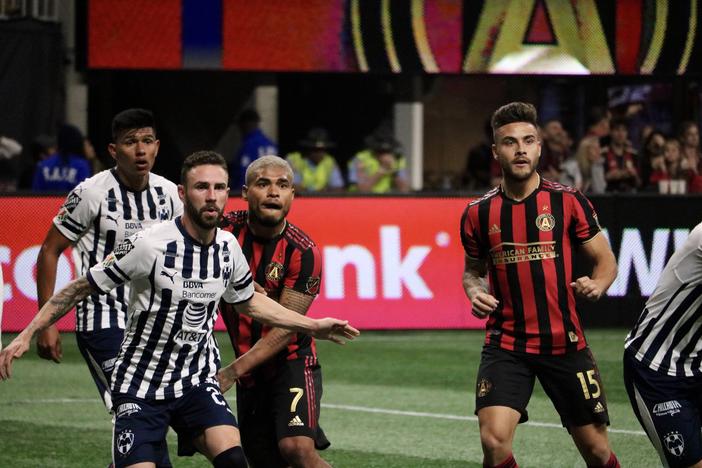 Atlanta United forwards Josef Martinez and Hector "Tito" Villabla try to get past Monterrey defenders during an Atlanta corner kick.