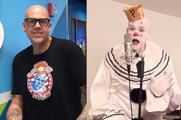 Atlanta singer Mike Geier (l) created the personnna Puddles the Clown (r).