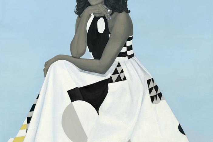 Amy Sherald was inspired by Piet Mondrian and the quilters of Gee's Bend when she painted former first lady, Michelle Obama.