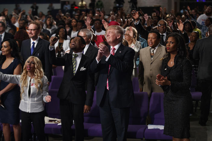 Republican presidential candidate Donald Trump shown during a church service at Great Faith Ministries, Saturday, Sept. 3, 2016, in Detroit.