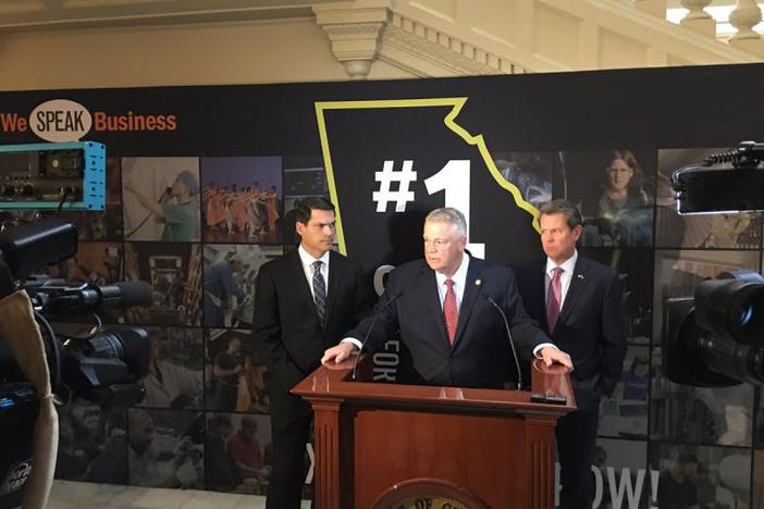 Lt. Gov. Geoff Duncan, House Speaker David Ralston and Gov. Brian Kemp speak during a press conference Monday, March 25, 2019 at the State Capitol.