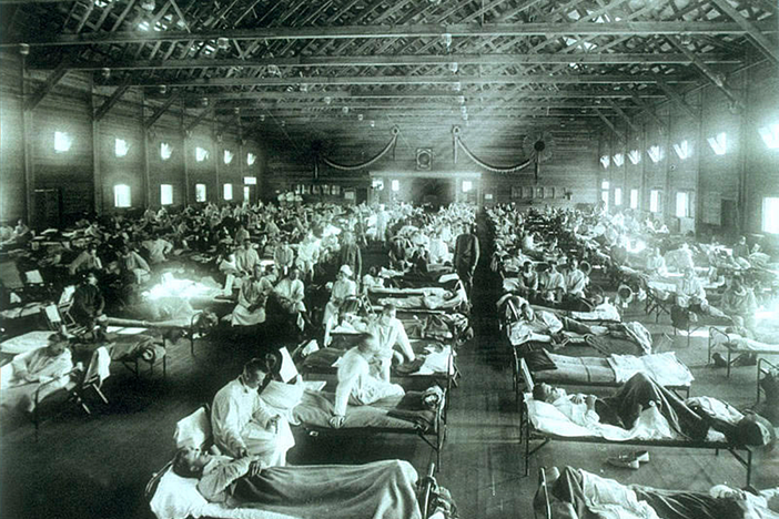  The scene at an emergency military hospital during the influenza epidemic at Camp Funston in Kansas.