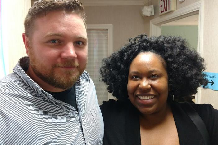 Podcast host Kalena Boller with Bradley Field, a veteran who now works in the film industry. He has done security work for several DC films, and currently works in accounting. 