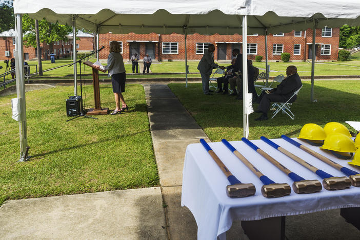 During the ceremony kicking off the demolition of Tindall Heights in Macon, Georgia. 