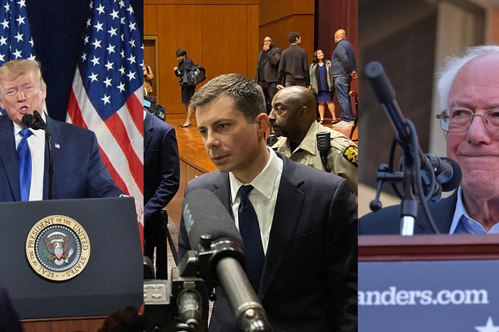 President Donald Trump (left), former South Bend, Ind. Mayor Pete Buttigieg (center) and Vermont Sen. Bernie Sanders (right) raised the most money from Georgians in the last quarter of the year in the presidential contest.