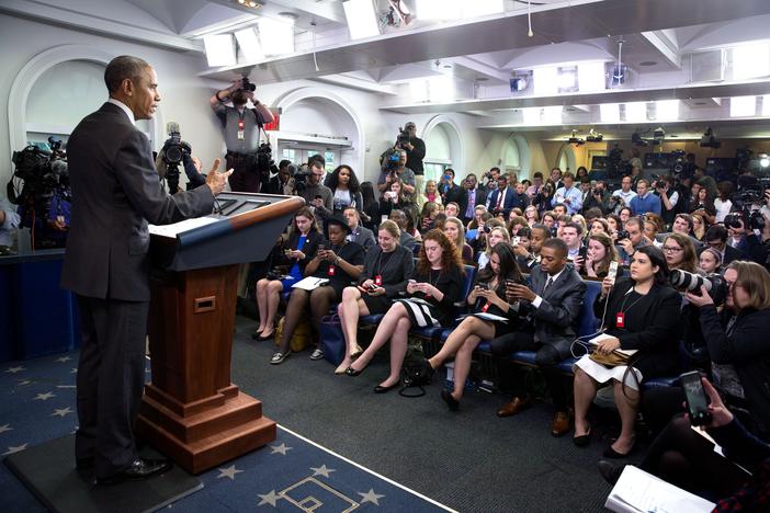 President Obama in the James S. Brady Press Briefing Room at the White House.