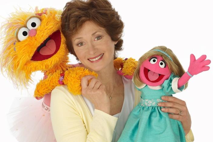 Fran Brill with  her Sesame Street chartacters, Zoe and Prairie Dawn.