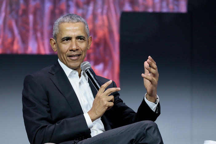 Former President Barack Obama address the crowd at the Greenbuild Conference at the Georgia World Congress Center.