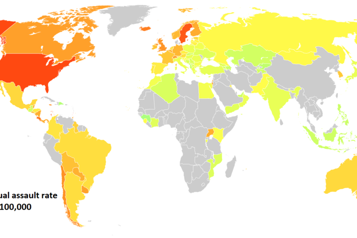 Sexual violence rates per 100,000 people, 2010-2012. Sexual violence means rape, attempted rape and sexual assault of any form, that was reported. United Nations Office on Drugs and Crime states only 11% of sexual assaults are reported. 