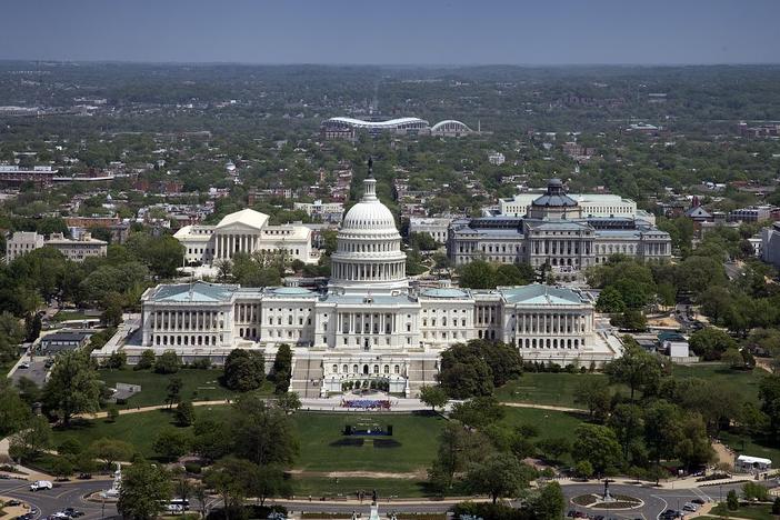 Aerial view of the United States Capitol building.