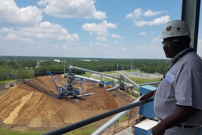 Albany Green Energy Maintenance Manager Curtis Smith looks out over the pile of chipped-up wood, known as biomass, that the plant will burn to make electricity.