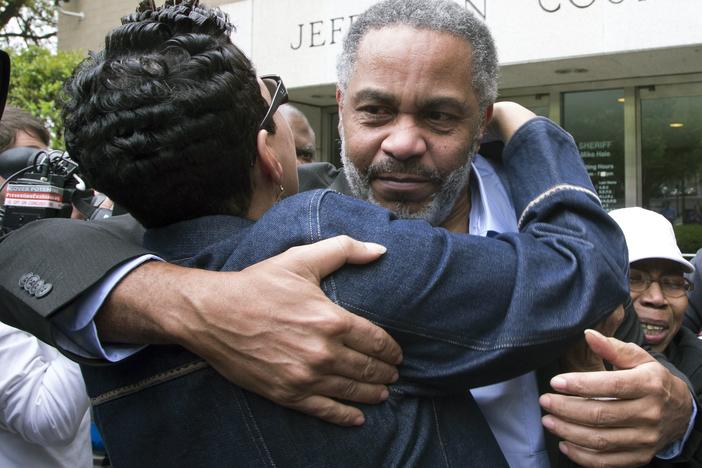 Pat Turner, left, hugs Anthony Ray Hinton as he leaves the Jefferson County jail in Birmingham, Alabama.