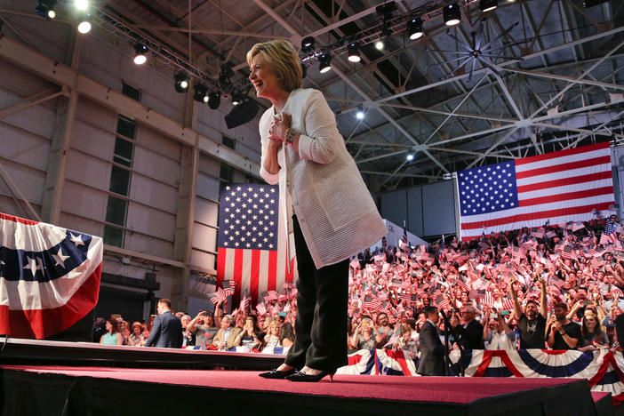 Democratic presidential candidate Hillary Clinton reacts to supporters during a presidential primary election night rally, Tuesday, June 7, 2016, in New York.