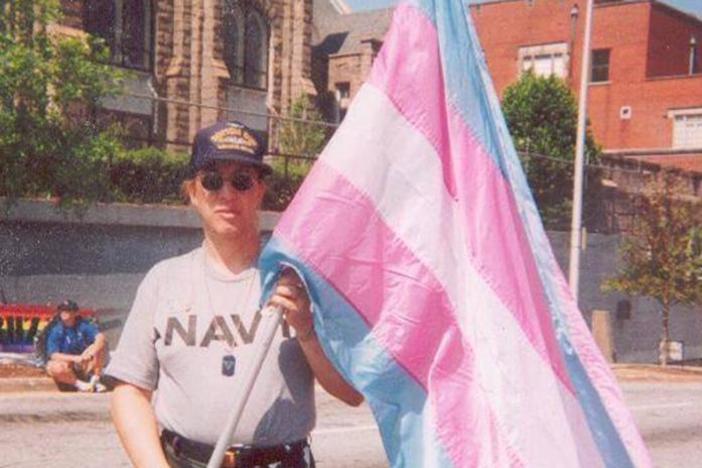 Monica Helms, creator of the transgender flag, marching in a Pride Parade in 2004. 