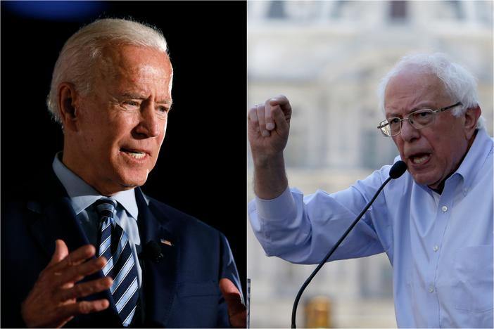Joe Biden, left,  speaks during a presidential candidates forum in Des Moines, Iowa. Bernie Sanders, right,  participates in a rally in Philadelphia, Pennsylvania.