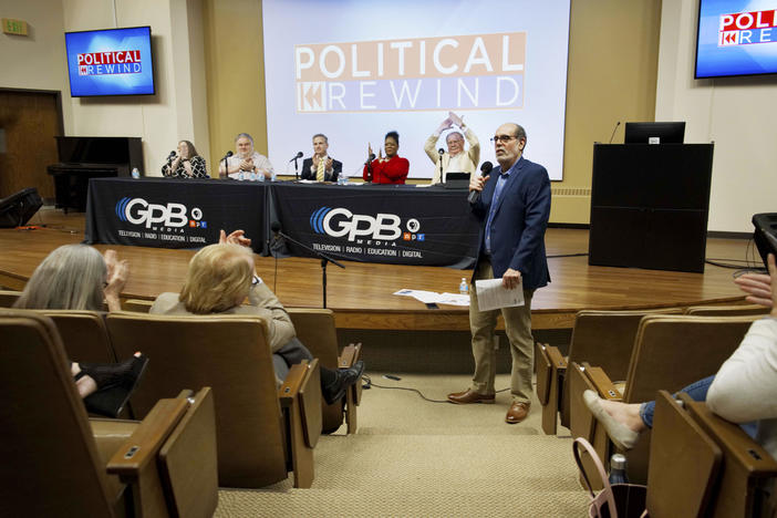 The Political Rewind panel reacts to a comment from the audience during the program Thursday, April 12, 2018, at the Mercer University School of Medicine in Macon.  