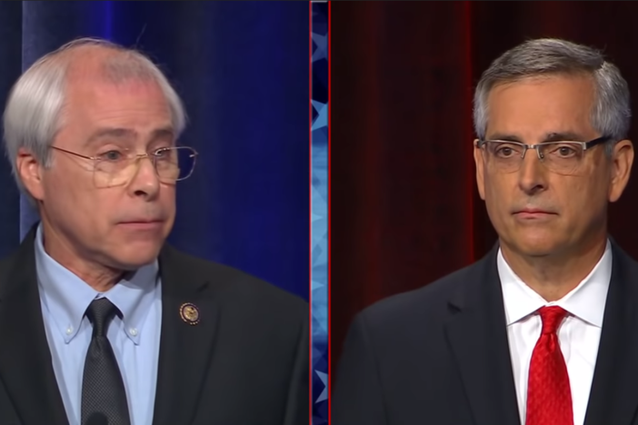 Democrat John Barrow, left, and Republican Brad Raffensperger, right, at the first Atlanta Press Club/Georgia Public Broadcasting Debate. Raffensberger did not attend the second debate.