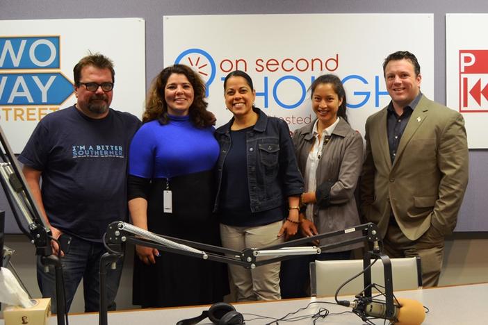 From left to right: Bitter Southerner Editor Chuck Reece, On Second Thought Host Celeste Headlee, Kennesaw State University Professor Roxanne Donovan, Athen's Warehouse Executive Director Bee Nguyen, and conservative radio host Greg Williams