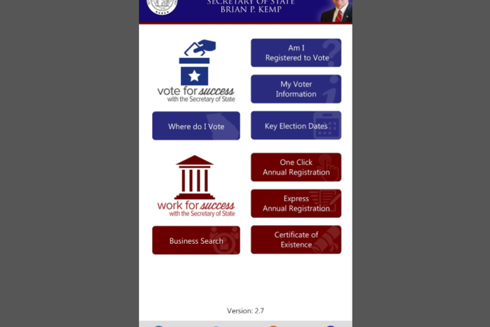 The homepage of the Georgia Secretary of State's app on 7/31/18. Social media links at the bottom redirect to Brian Kemp's social media pages, which are primarily being used to promote his campaign for Georgia's governor.