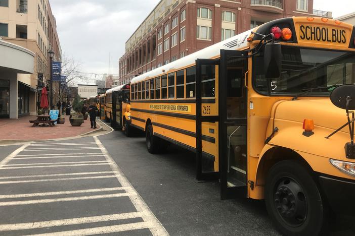 Seventy-two school buses rolled through the streets of Atlanta today to raise awareness about sex trafficking.