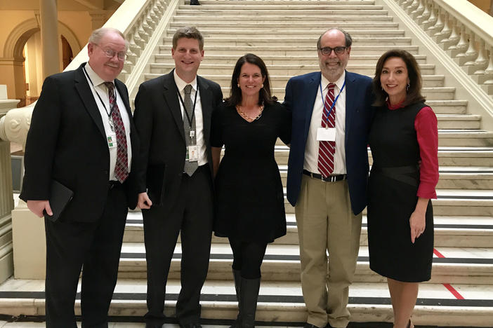 From left to right: Jim Galloway, Greg Bluestein, Jackie Cushman, Bill Nigut, and Teresa Tomlinson.