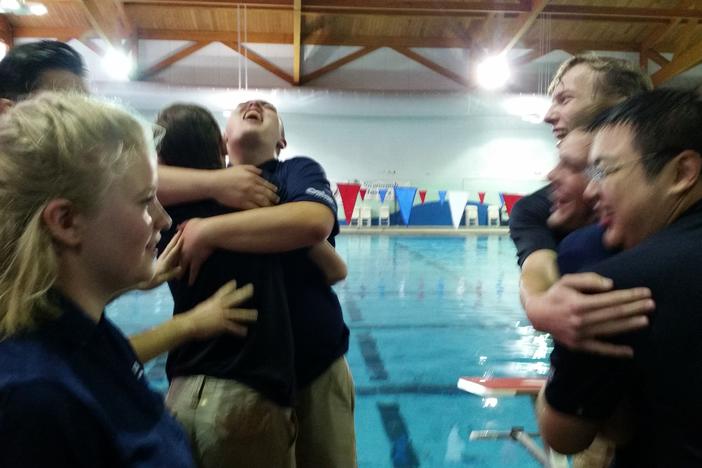 Carrollton High School's InnovOcean team celebrates its win at the robotics competition on April 30,  2016 in Savannah, Georgia.