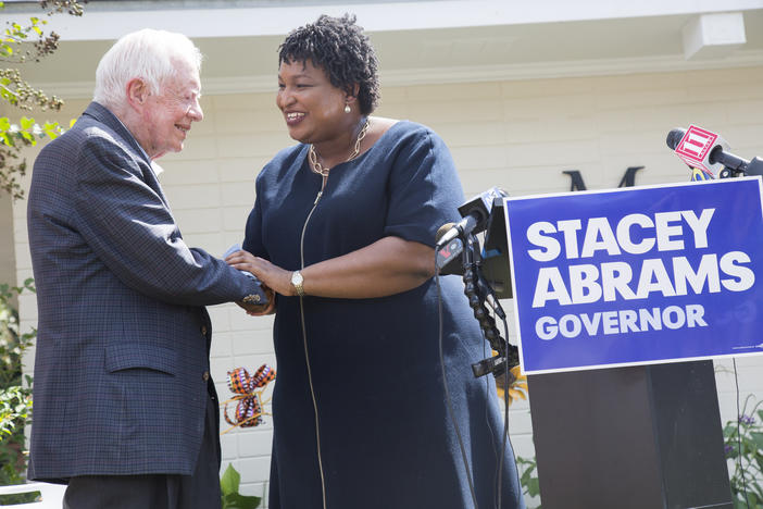Former President Jimmy Carter and democratic gubernatorial candidate Stacey Abrams together on a campaign stop in Carter's home of Plains.