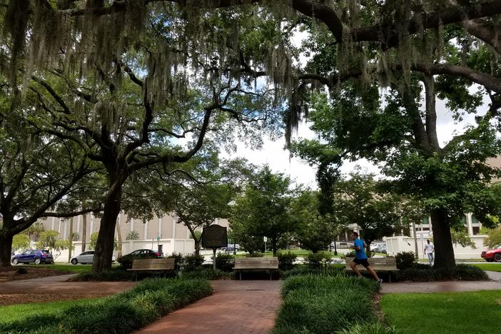 On Savannah's Orleans Square, the Civic Center and its surrounding parking lot interrupt the original layout of streets, lanes, and lots.
