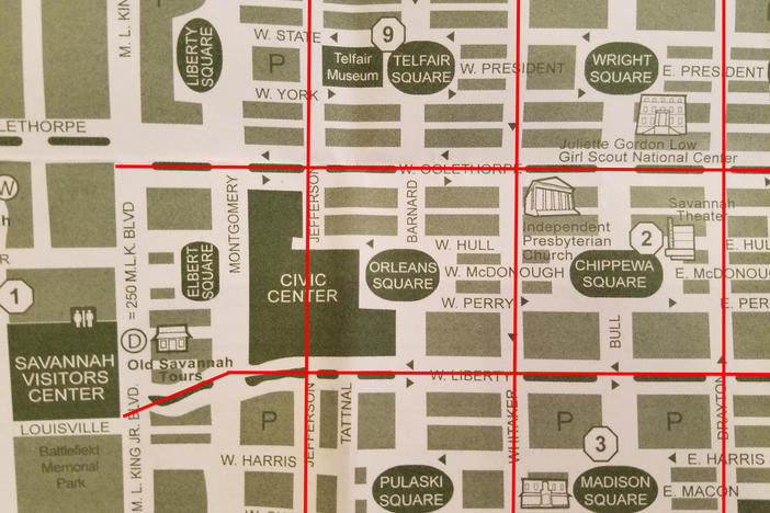 Savannah's city plan consists of a series of wards, or streets and lots, laid out around a square. The existing civic center disrupts two such wards, with one of the squares reduced to a small strip.